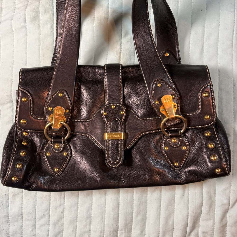 Michael Kors Vintage Black Leather Studded Handbag with Gold-Tone Hardware